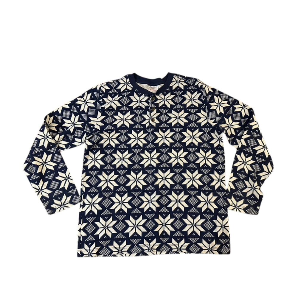 Hanna Andersson Navy Blue & White Snowflake Print Thermal Henley Shirt Sz 12